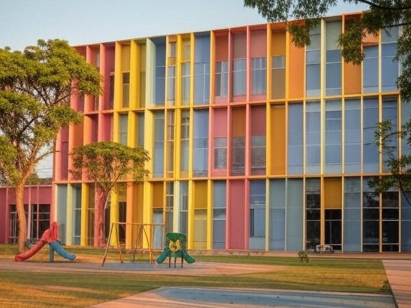 Centro de educação infantil em Brasília com fachada colorida e playground, representando investimento em educação no Distrito Federal.