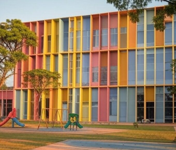 Centro de educação infantil em Brasília com fachada colorida e playground, representando investimento em educação no Distrito Federal.