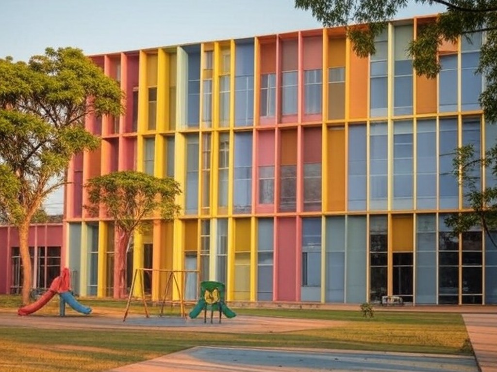 Centro de educação infantil em Brasília com fachada colorida e playground, representando investimento em educação no Distrito Federal.