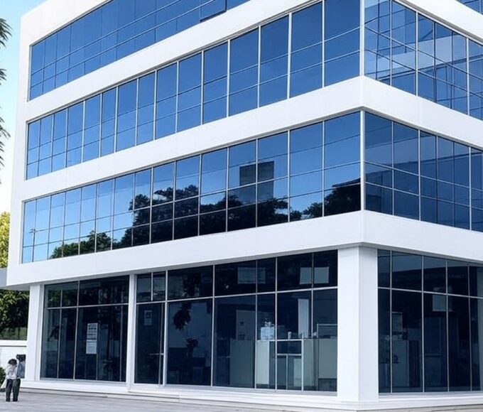 Prédio moderno do primeiro complexo de telessaúde no Recanto das Emas, Distrito Federal, com fachada contemporânea e sinalizações de saúde remota.