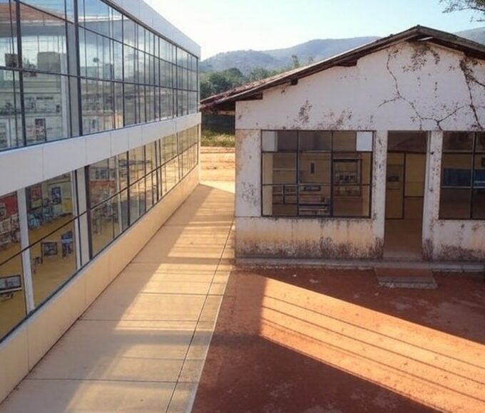 Sala de aula vazia em escola do DF com equipamentos de robótica desorganizados, ilustrando críticas por falta de recursos.