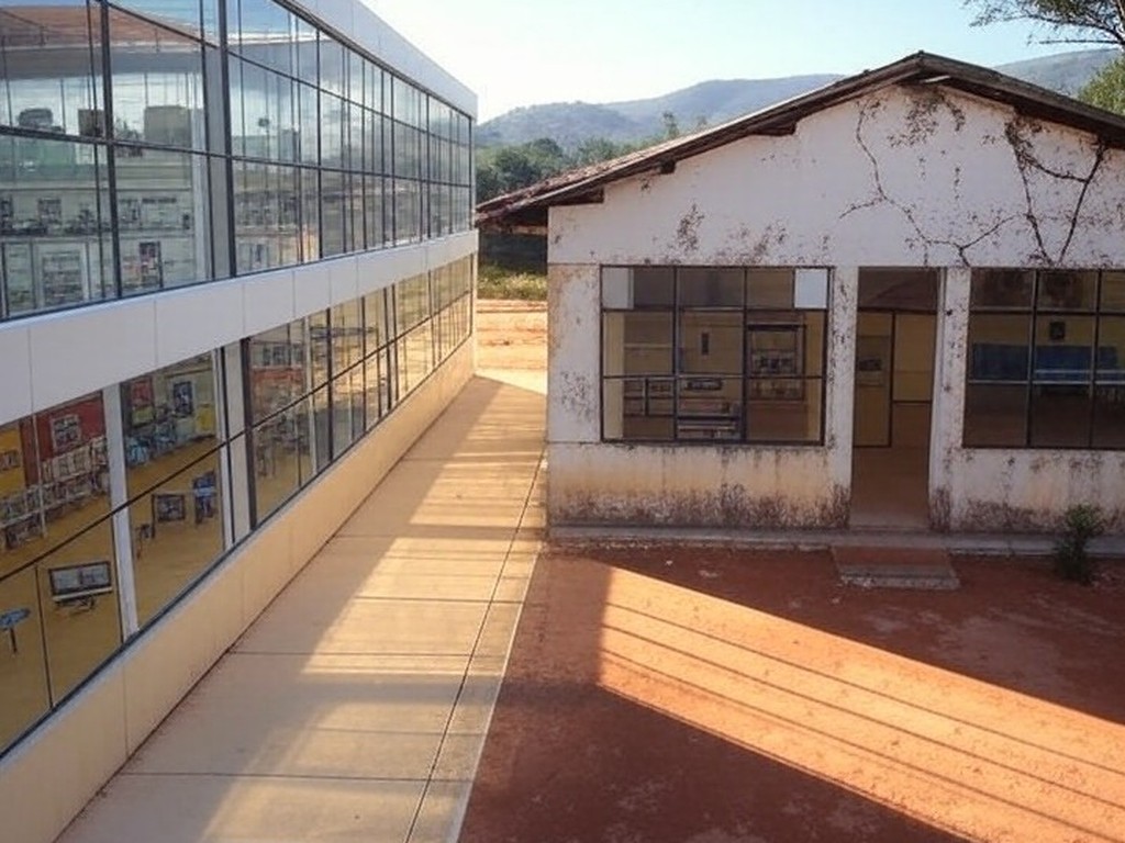 Sala de aula vazia em escola do DF com equipamentos de robótica desorganizados, ilustrando críticas por falta de recursos.