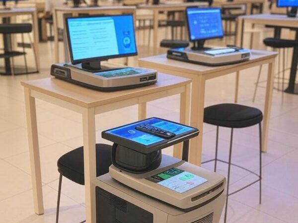 Espaço de oficinas gratuitas de IA, games e robótica no Recanto Shopping, com equipamentos educativos em ambiente moderno.