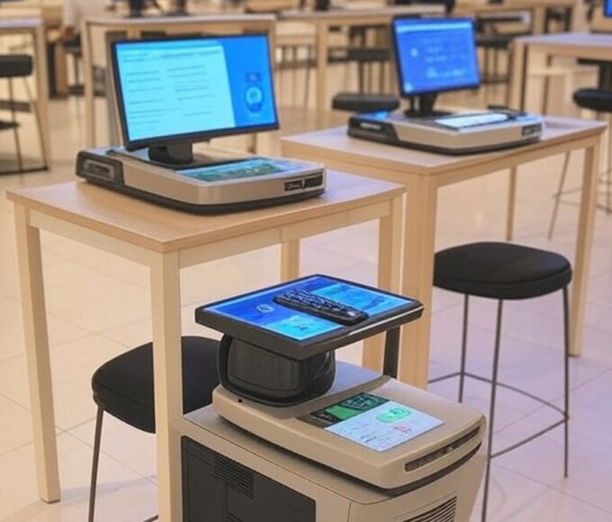 Espaço de oficinas gratuitas de IA, games e robótica no Recanto Shopping, com equipamentos educativos em ambiente moderno.