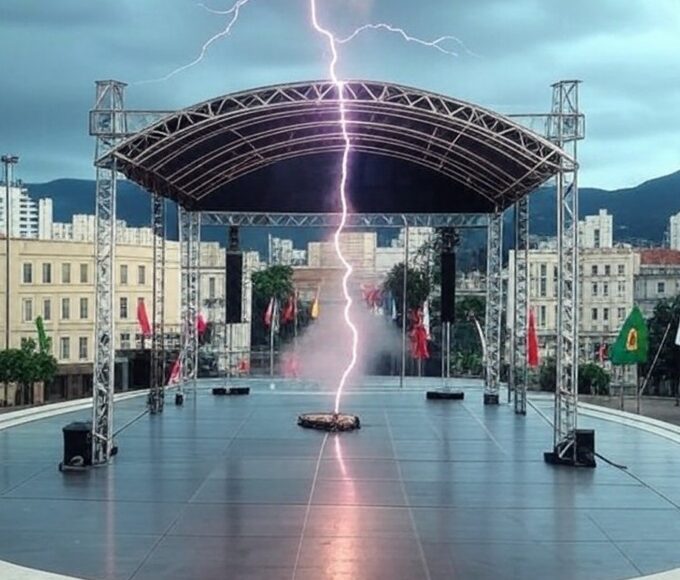Estrutura de ato político em BH atingida por raio, causando pânico, com céu tempestuoso e montanhas ao fundo.
