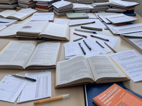 Sala de provas em Brasília com kit de primeiros socorros e papéis de concurso, representando lei da CLDF que eleva estresse em concursos no DF.
