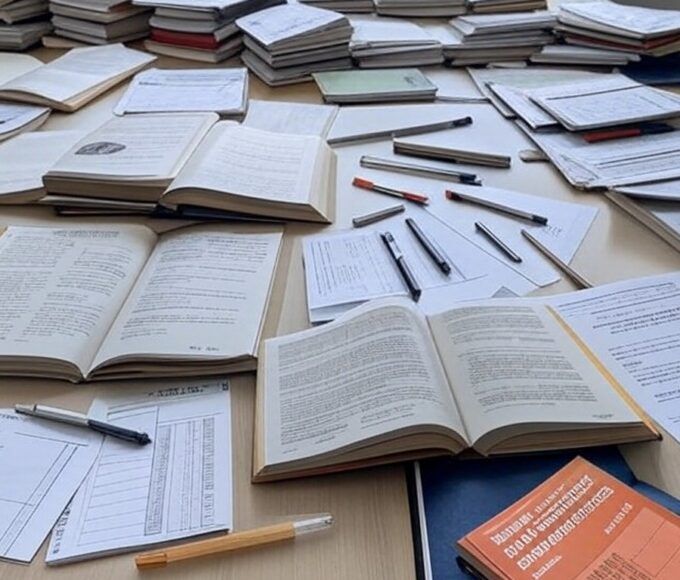 Sala de provas em Brasília com kit de primeiros socorros e papéis de concurso, representando lei da CLDF que eleva estresse em concursos no DF.