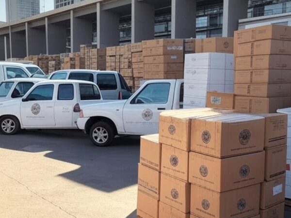 Mercadorias irregulares apreendidas por auditores do DF em operação contra sonegação fiscal, pilhas de caixas em armazém de Brasília.