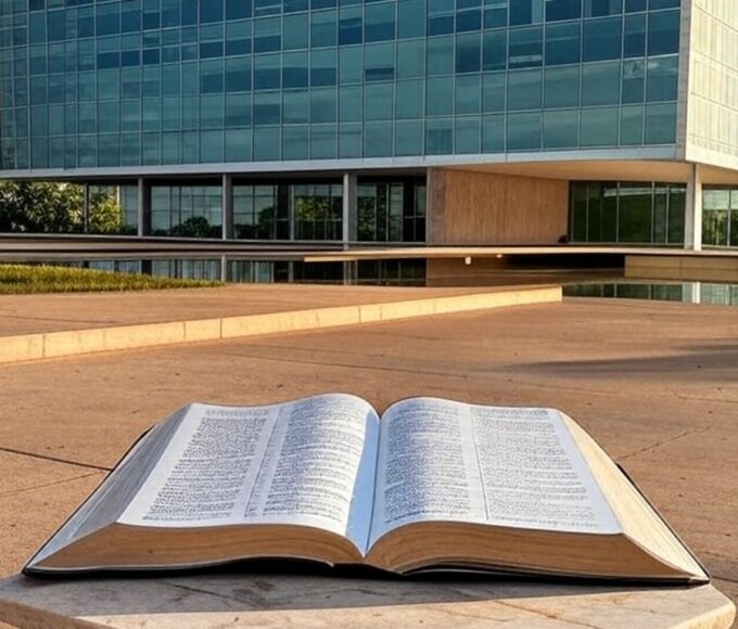 Fachada da Câmara Legislativa do DF em Brasília com Bíblia aberta em pedestal, representando polêmica sobre laicidade.