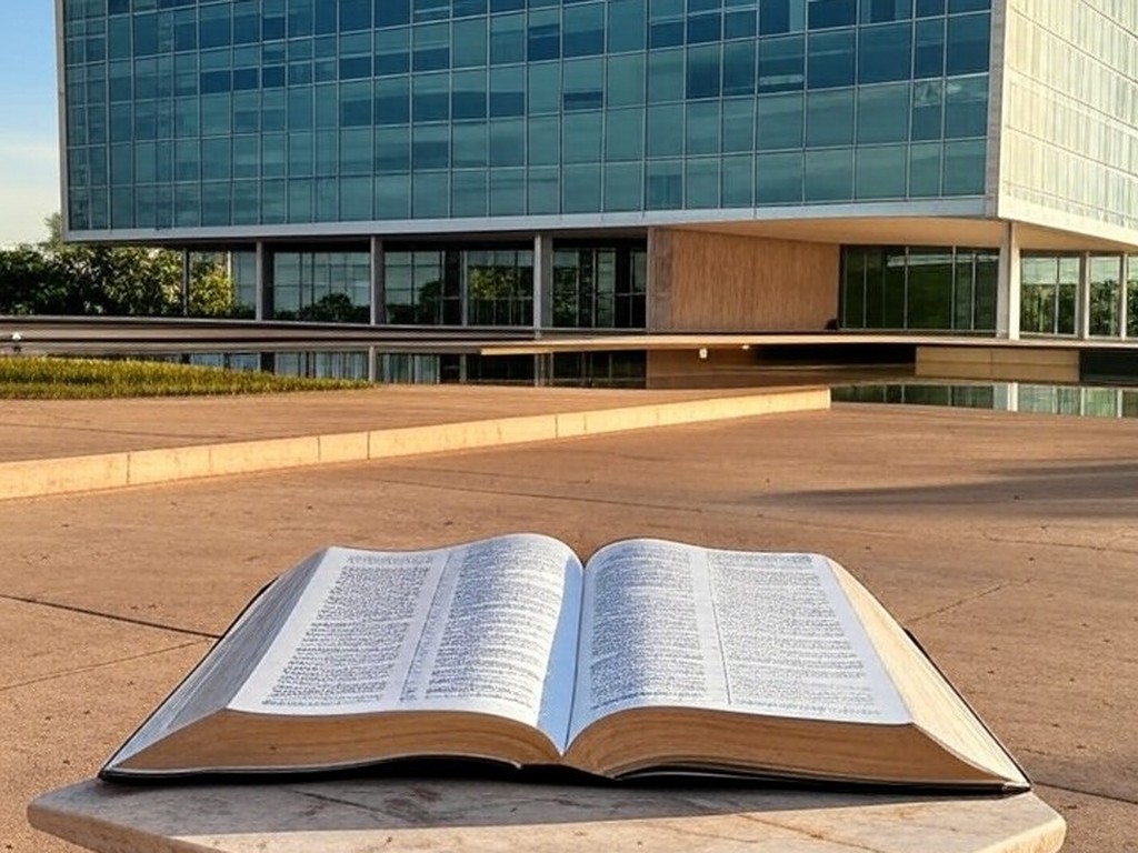 Fachada da Câmara Legislativa do DF em Brasília com Bíblia aberta em pedestal, representando polêmica sobre laicidade.