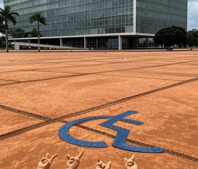 Fachada da Câmara Legislativa do DF em Brasília com símbolos de Libras, destacando reconhecimento tardio e falhas na inclusão.