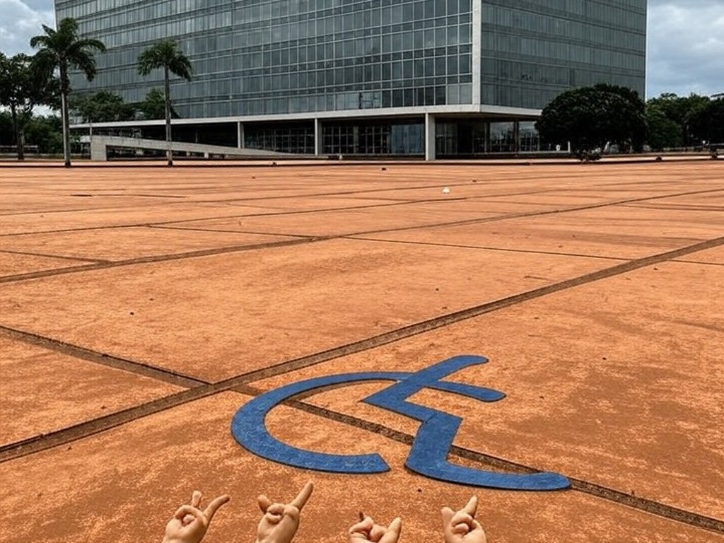 Fachada da Câmara Legislativa do DF em Brasília com símbolos de Libras, destacando reconhecimento tardio e falhas na inclusão.