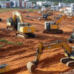 Terreno em construção para hospital pediátrico em São Sebastião, Distrito Federal, com máquinas e equipamentos de obras.