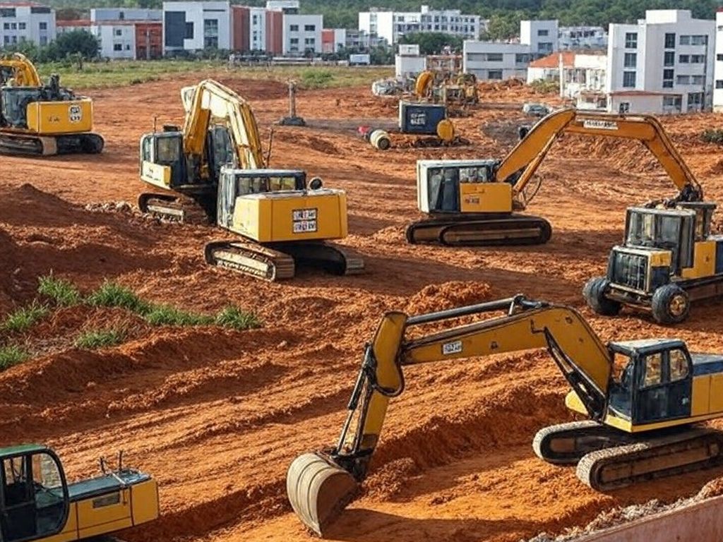 Terreno em construção para hospital pediátrico em São Sebastião, Distrito Federal, com máquinas e equipamentos de obras.