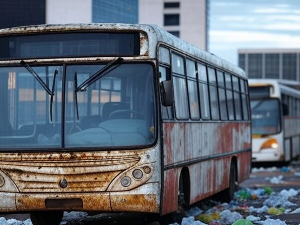 Estação de ônibus deteriorada em Brasília, expondo falhas crônicas e opacidade no transporte público do DF.