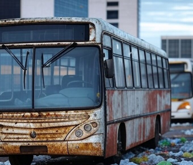 Estação de ônibus deteriorada em Brasília, expondo falhas crônicas e opacidade no transporte público do DF.