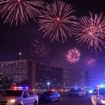 Cena noturna de Réveillon em Brasília com fogos e viaturas policiais investigando homicídio em briga no DF.