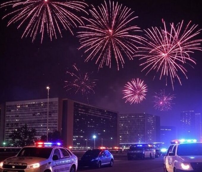 Cena noturna de Réveillon em Brasília com fogos e viaturas policiais investigando homicídio em briga no DF.