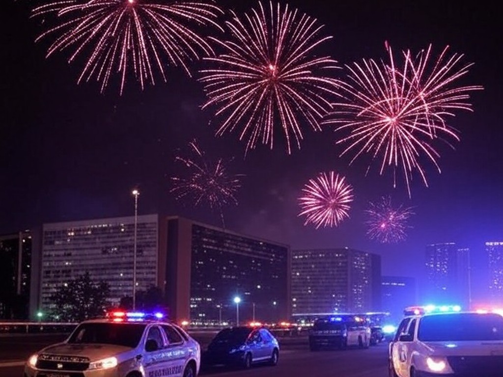 Cena noturna de Réveillon em Brasília com fogos e viaturas policiais investigando homicídio em briga no DF.