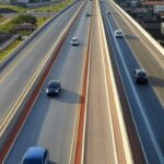 Viaduto moderno no Recanto das Emas, DF, com veículos fluindo, aliviando o trânsito local.