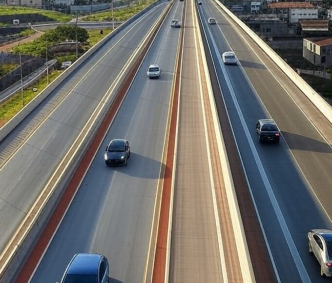 Viaduto moderno no Recanto das Emas, DF, com veículos fluindo, aliviando o trânsito local.