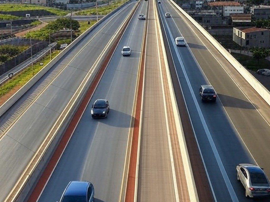 Viaduto moderno no Recanto das Emas, DF, com veículos fluindo, aliviando o trânsito local.