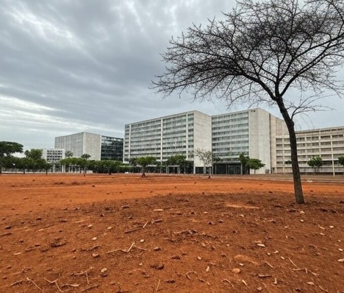 Paisagem urbana de Brasília com árvores plantadas em avenida, destacando pouca vegetação e ineficácia da política de arborização no DF.