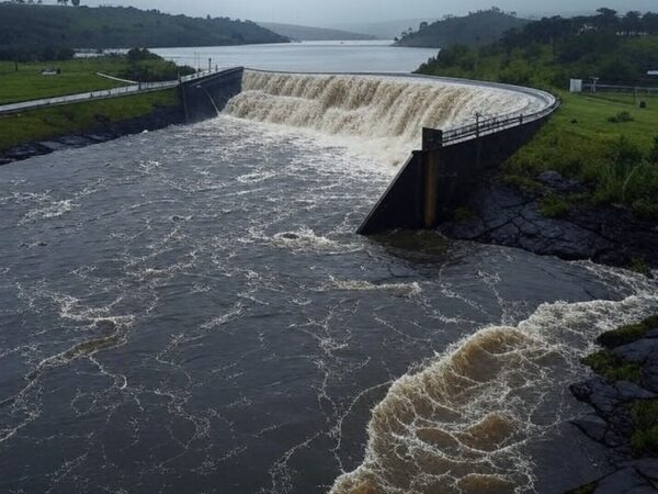 Reservatório do Descoberto transbordando em Brasília, expondo riscos de inundações no DF.