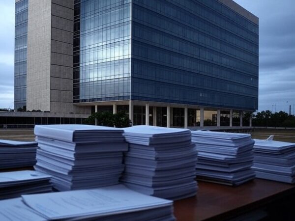 Prédio administrativo em Brasília com pilhas de documentos, representando burocracia em concurso da Caesb.