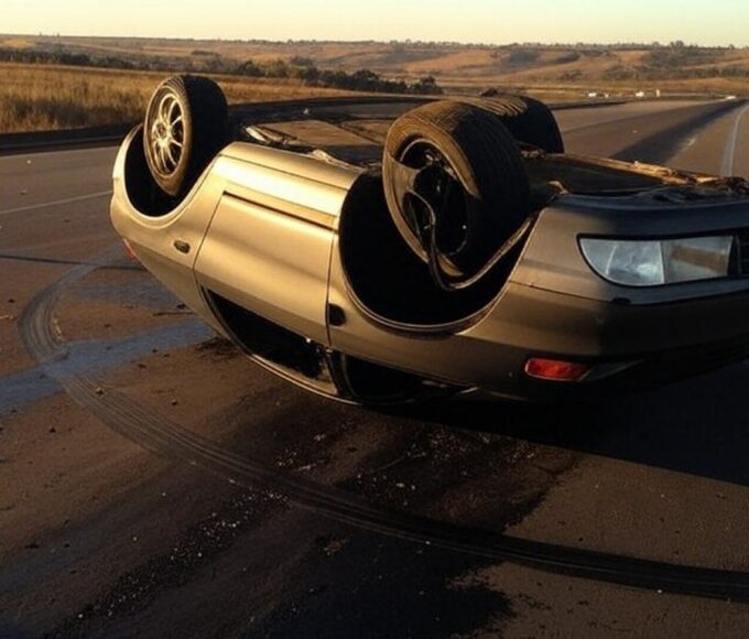 Cena de acidente com capotamento de carro na rodovia DF-001, Distrito Federal, Brasil.