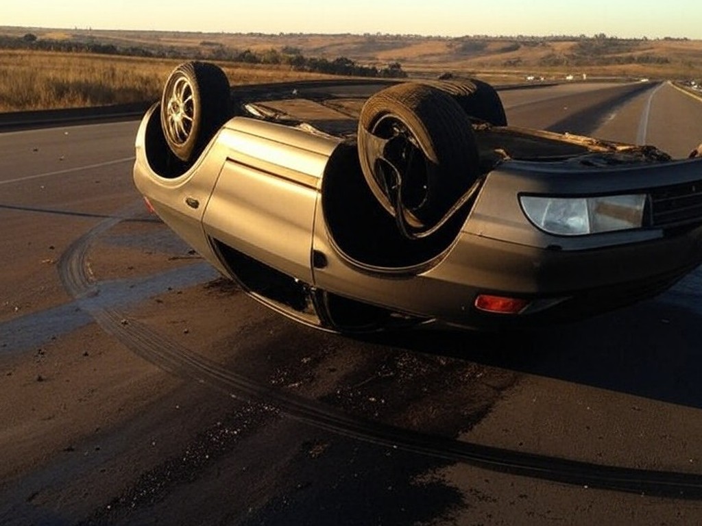 Cena de acidente com capotamento de carro na rodovia DF-001, Distrito Federal, Brasil.