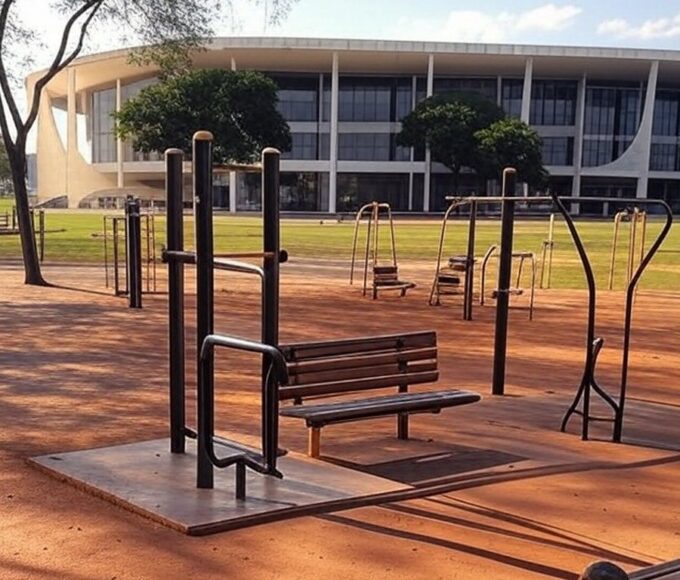 Parque em Brasília com equipamentos para envelhecimento ativo de idosos, beneficiados pelo programa Viver 60+ do Governo do DF.