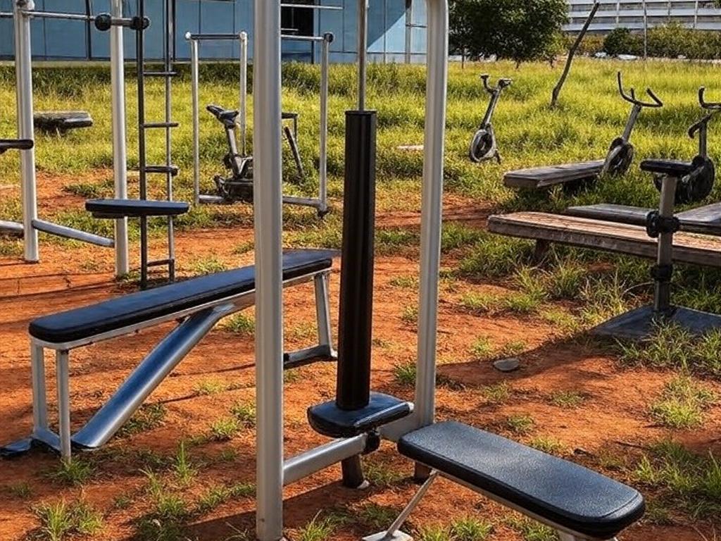 Academia ao ar livre para idosos em Brasília com equipamentos deteriorados, representando negligência sistêmica.