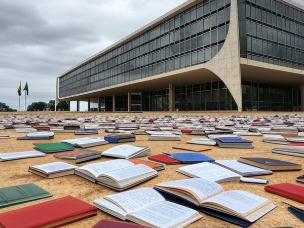Edifício da CLDF em Brasília com livros desorganizados simbolizando ameaça à estabilidade educacional no DF.