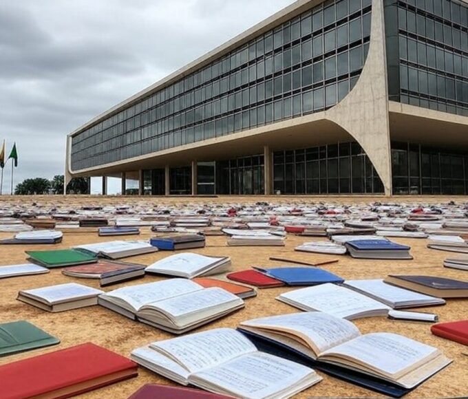 Edifício da CLDF em Brasília com livros desorganizados simbolizando ameaça à estabilidade educacional no DF.