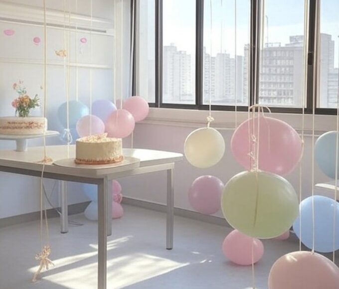 Quarto de hospital em Brasília decorado com balões e itens de chá-revelação para mãe com câncer.