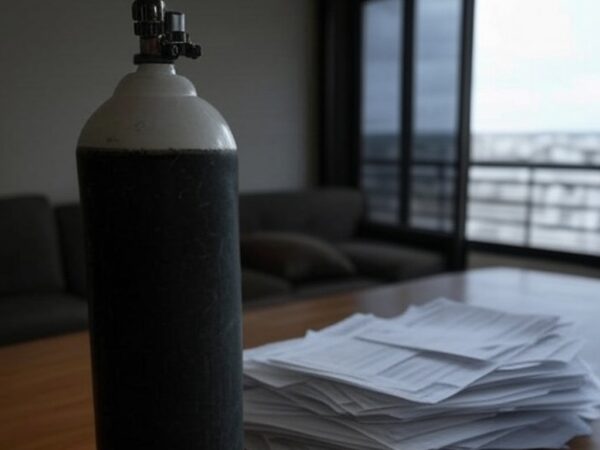 Residência em Brasília com cilindro de oxigênio e medidor de energia, ilustrando descontos insuficientes na conta de luz para oxigenoterapia no DF.