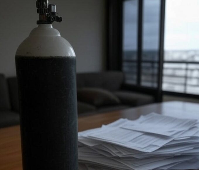 Residência em Brasília com cilindro de oxigênio e medidor de energia, ilustrando descontos insuficientes na conta de luz para oxigenoterapia no DF.