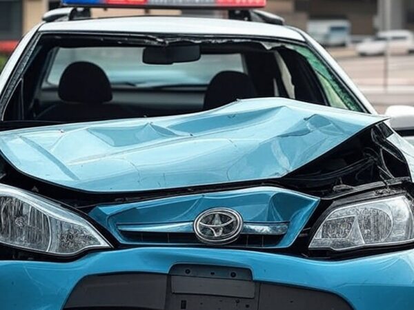 Viatura policial brasileira danificada em acidente, simbolizando custos ao Estado e alarme aos contribuintes.