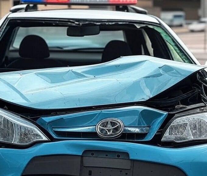 Viatura policial brasileira danificada em acidente, simbolizando custos ao Estado e alarme aos contribuintes.