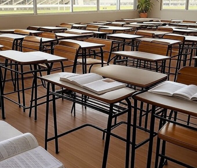 Sala de aula vazia em centro do Sesc-DF com livros e plantas, representando projeto Estudamente contra ansiedade e estresse em estudantes.