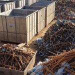 Instalação de papa-entulho em Riacho Fundo II, Distrito Federal, com contêineres para coleta de resíduos volumosos.