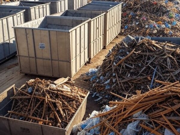 Instalação de papa-entulho em Riacho Fundo II, Distrito Federal, com contêineres para coleta de resíduos volumosos.
