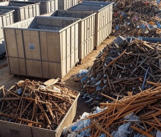 Instalação de papa-entulho em Riacho Fundo II, Distrito Federal, com contêineres para coleta de resíduos volumosos.