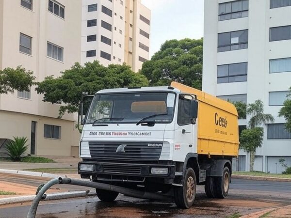 Rua na Asa Norte de Brasília com caminhão da Caesb e canos expostos durante corte de água, causando caos em áreas críticas.