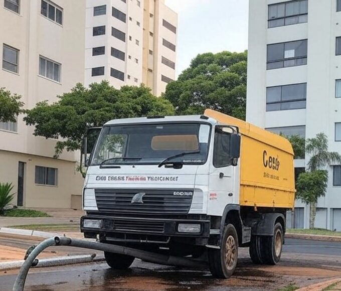 Rua na Asa Norte de Brasília com caminhão da Caesb e canos expostos durante corte de água, causando caos em áreas críticas.