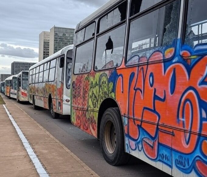 Ônibus vandalizados em rua de Brasília, com danos como vidros quebrados e pichações, em investigação da PCDF.