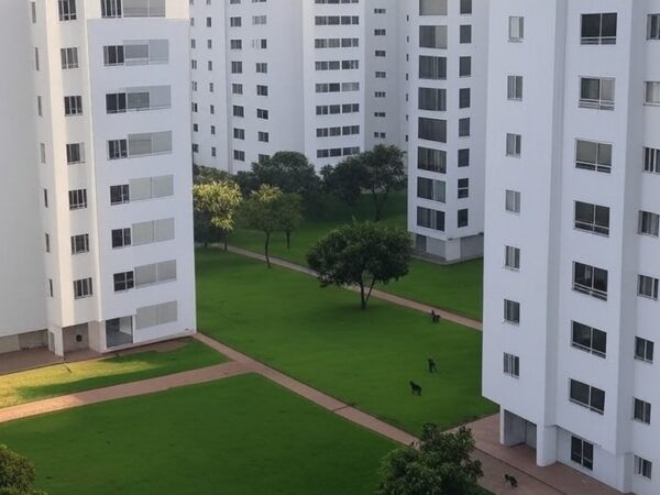 Condomínio residencial em Brasília com animais de rua, ilustrando conflito entre protetores e regras no DF.