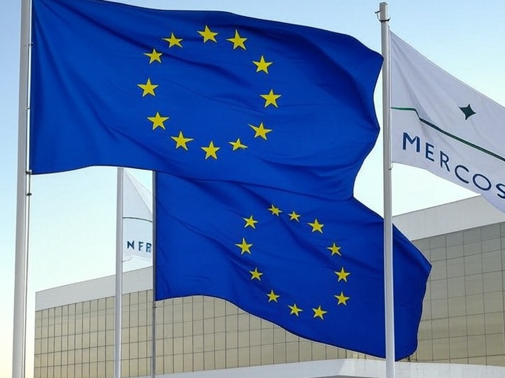 Bandeiras da UE e Mercosul em Brasília representando acordo histórico de livre-comércio.