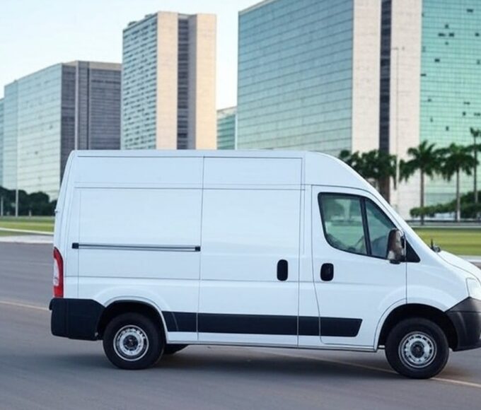 Van de atendimento itinerante de serviços de energia da Neoenergia em avenida de Brasília, Distrito Federal.